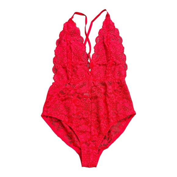 We are HAH / Free People NWT Comin' In HAHt Bodysuit Siren Red S Lace Coquette - Picture 3 of 9